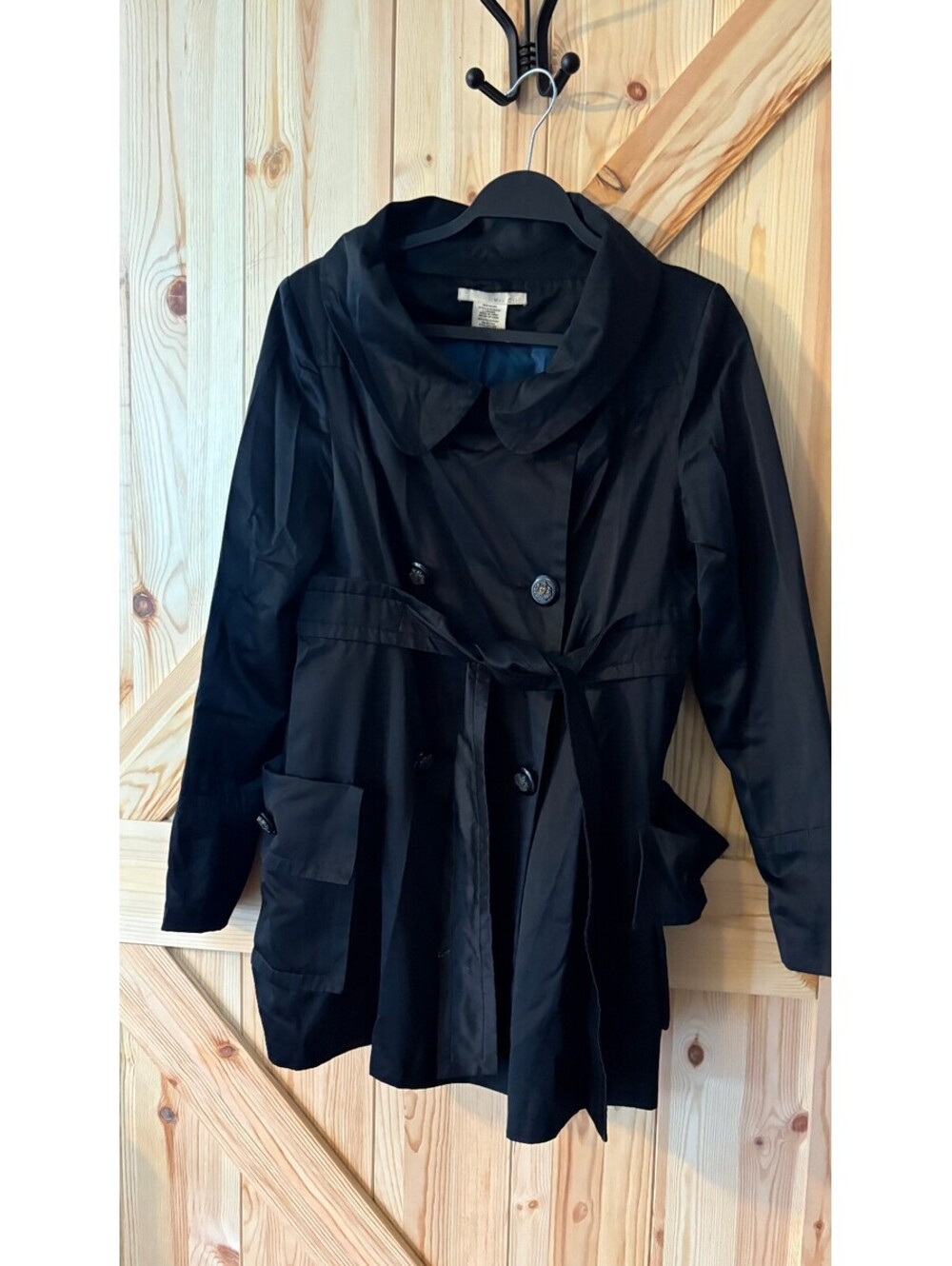 Miss Closet Black Mid-Length Coat with Button Detail and Waist Tie Large
